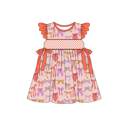 Preorder (moq 5)Baby Girls Orange Flutter Sleeves Colorful Bows Knee Length Dresses 5.15
