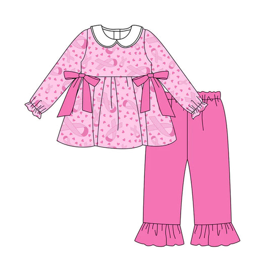 Preorder(moq 5) Baby Girls Wear Pink In Oct Bows Tunic Top Pants Clothes Sets 8.12
