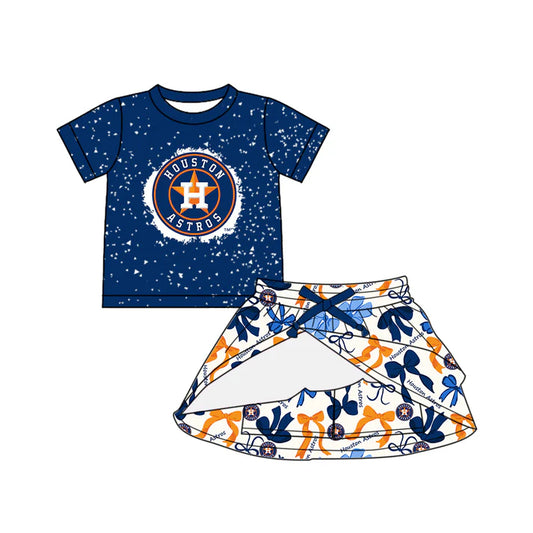 Preorder (moq 5)Baby Girls Blue Short Sleeves H Star Top Bows Plaid Skorts Team Set 6.14