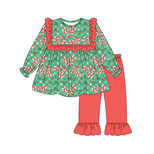 Preorder(moq 5) Baby Girls Holly Plaid Candy Cane Bows Tunic Ruffle Pants Christmas Set 8.15