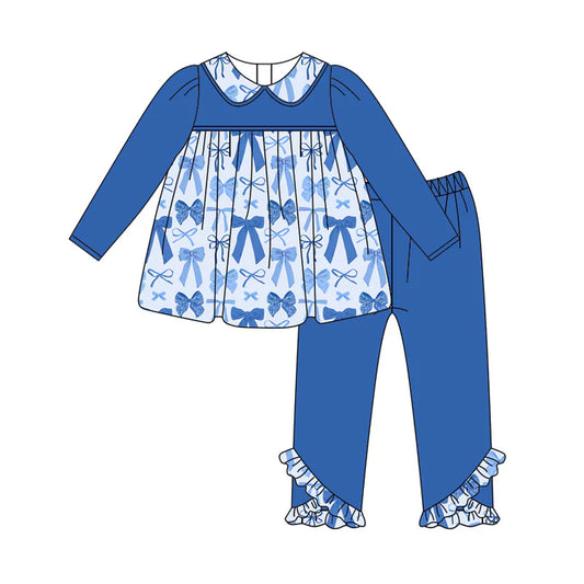 Preorder (moq 5)Baby Girls Hot Blue Long Sleeves Bows Plaid Tunic Legging Ruffle Pant Set 5.27