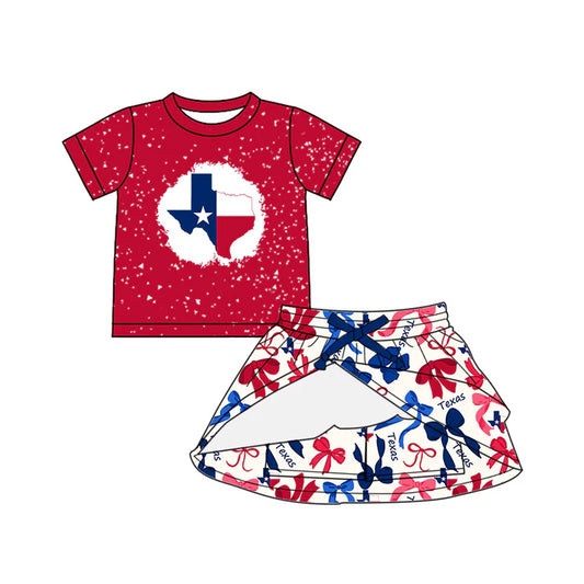Preorder (moq 5)Baby Girls Red Short Sleeves Stars Flag Top Bows Plaid Skorts Team Set 6.14