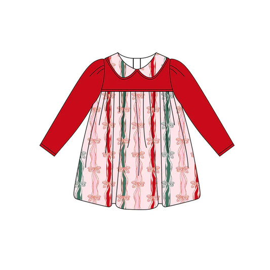 Preorder (moq 5)Baby Girls Red Long Sleeves Bows Stripes Knee Length Dresses 6.3