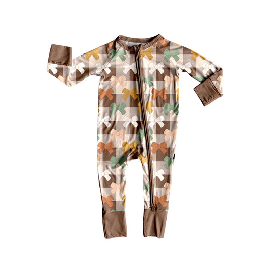 Preorder (moq 5)Baby Girls Long Sleeves Khaki Plaid Bows Zipper Rompers 5.24