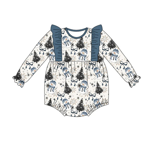 Preorder(moq 5)Baby Girls Blue Bows Trees Snowman Ruffle Rompers 7.18
