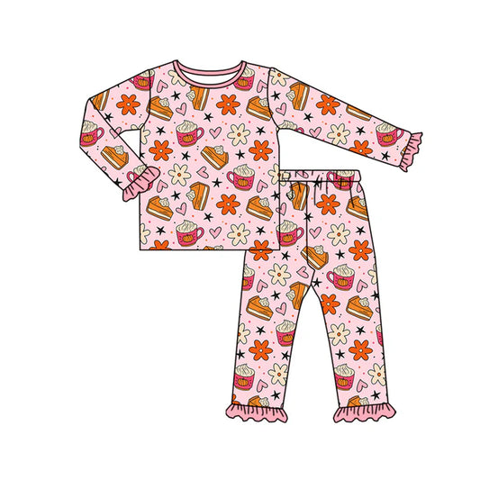 Preorder (moq 5)Baby Girls Pink Flowers Pie Plaid Top Pant Fall Pajamas Set 7.31