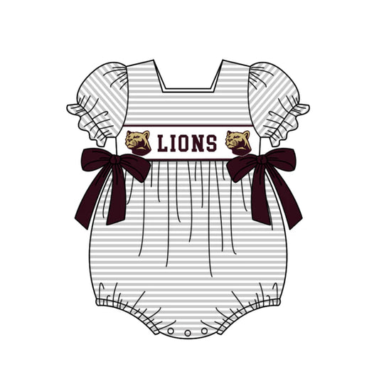 Preorder (moq 5)Baby Girls Lions Bows Stripe Team Ruffle Rompers 12.5