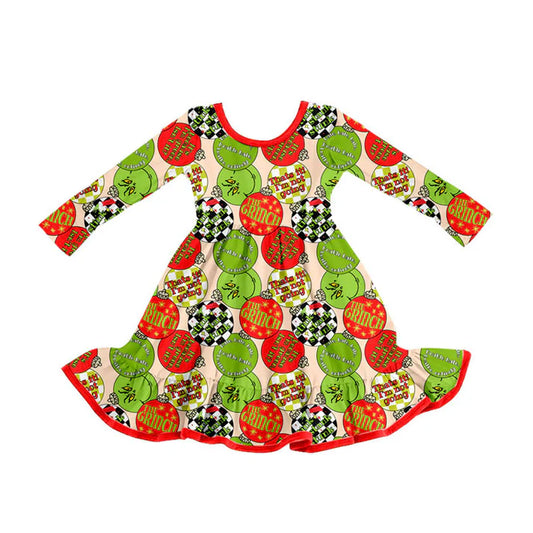 Preorder (moq 8)Baby Girls Green Red Lights Christmas Ruffle Knee Length Dresses 9.23