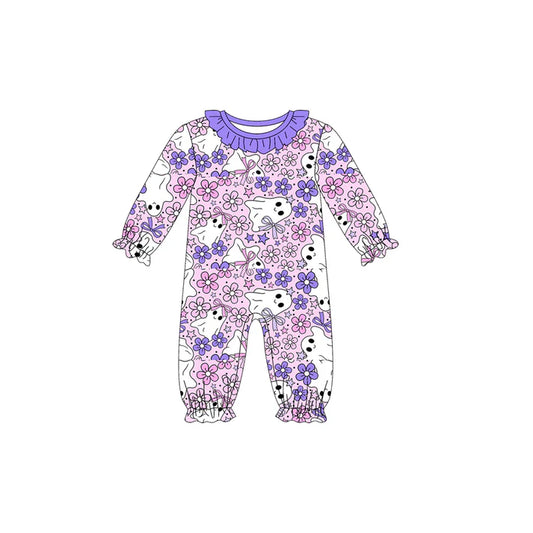 Preorder (moq 5)Baby Girls Long Sleeves Purple Flowers Ghost Ruffle Pant Romper 6.13