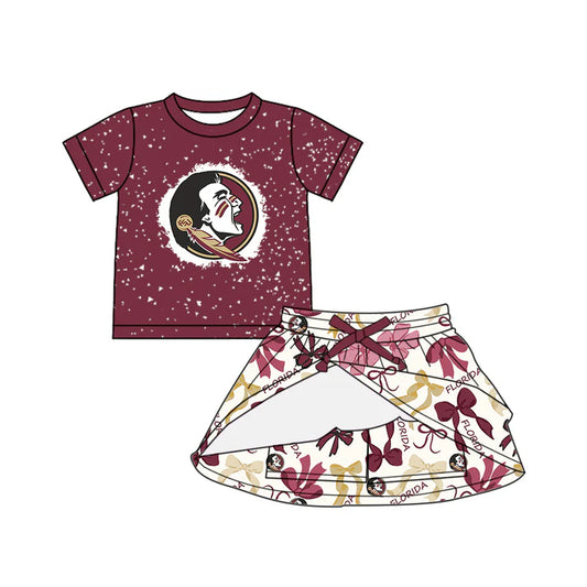 Preorder (moq 5)Baby Girls Dark Red Short Sleeves Florida Top Bows Plaid Skorts Team Set 6.14