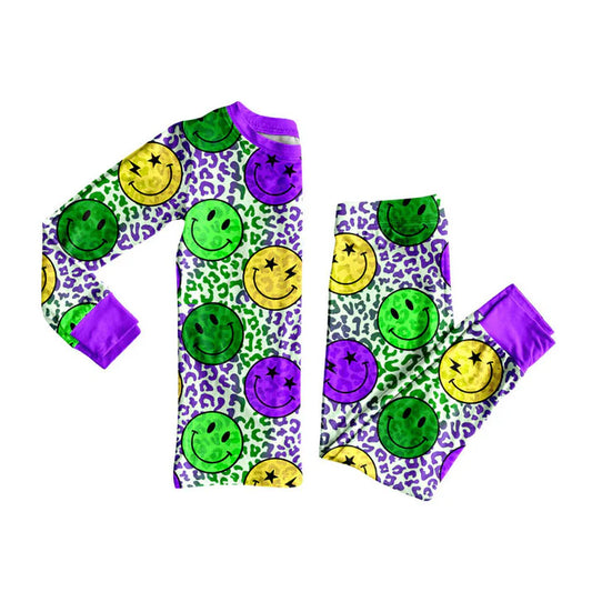 Preorder (moq 5)Baby Boys Mardi Gras Purple Yellow Green Smiles Leopard Pajamas Sets 9.3