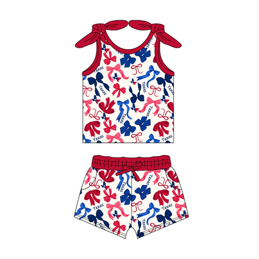 Preorder MOQ 5 pcs sleeveless T red blue bow top shorts girls team clothes 8.23