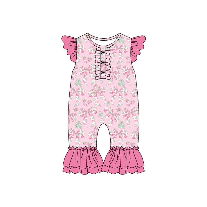 Preorder (moq 5)Baby Girls Pink Bows Flutter Sleeve Rompers 6.9