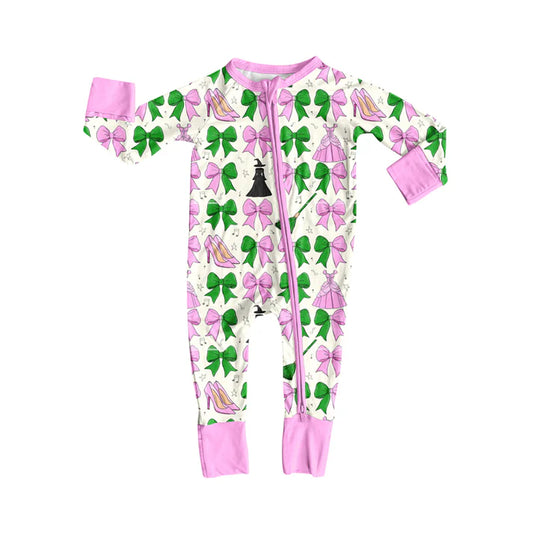 Preorder(moq 5)Baby Infant Boys Long Sleeves Pink Green Bows Magic Zipper Rompers 7.31
