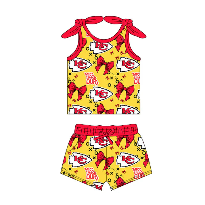 Preorder MOQ 5 pcs sleeveless red bow K C kids girls team outfits 8.28