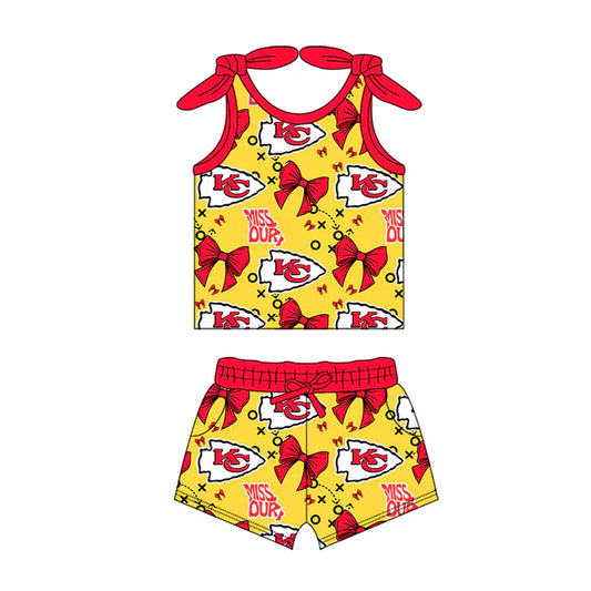 Preorder MOQ 5 pcs sleeveless red bow K C kids girls team outfits 8.28