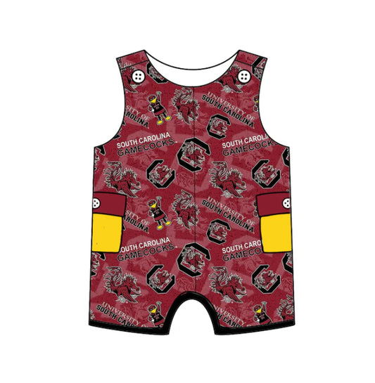 Preorder (moq 5)Baby Girls Dark Red Sleeveless Gamecocks Bull Team Shorts Rompers 6.17