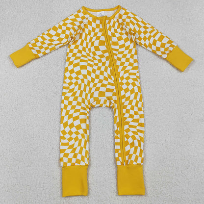 Baby Infant Boys Rompers Yellow Checkered Zip Footie Long Sleeve Rompers LR1089 10.1