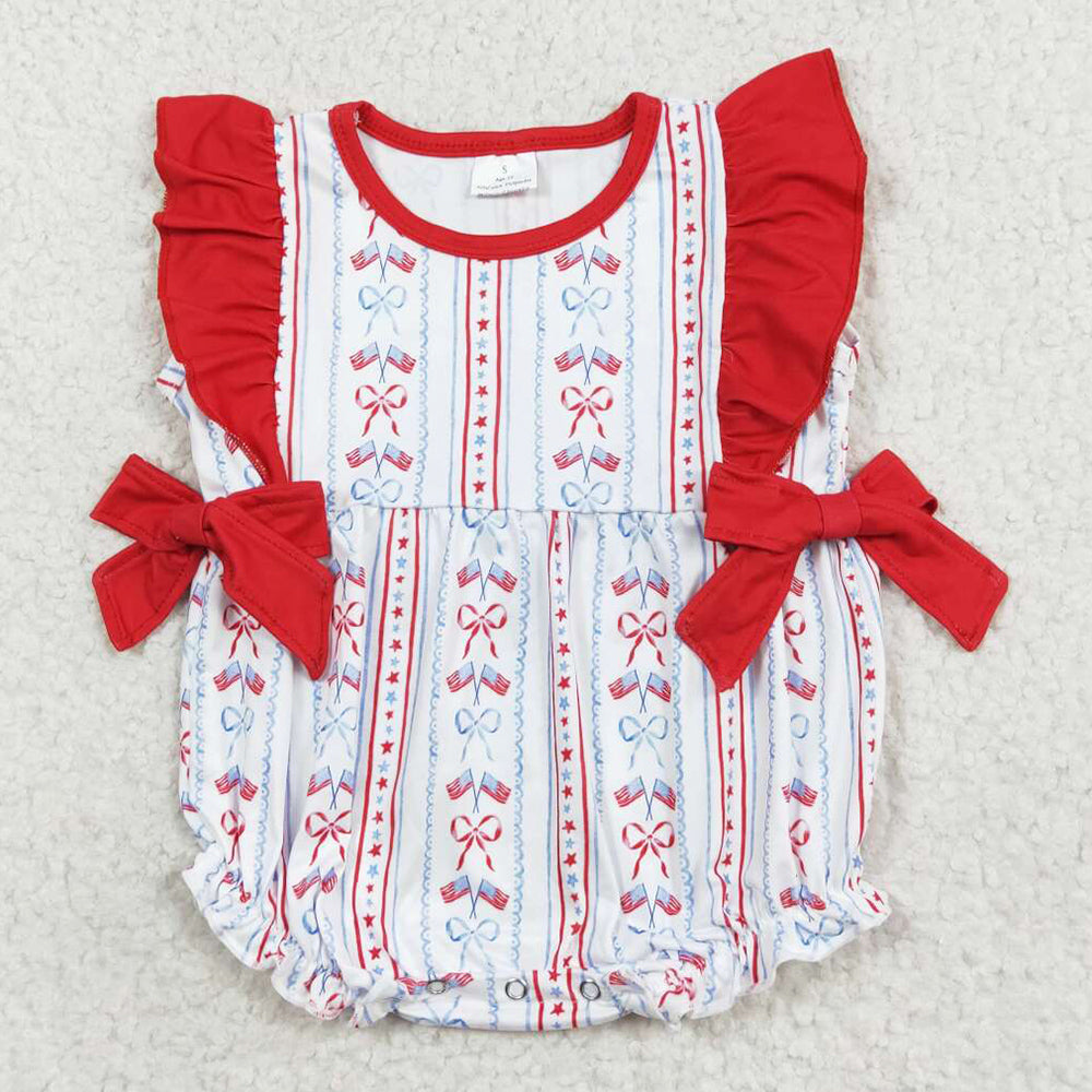 Baby Infant Girls Rompers Red Bows Flag Ruffle 4th Of July Rompers SR1717