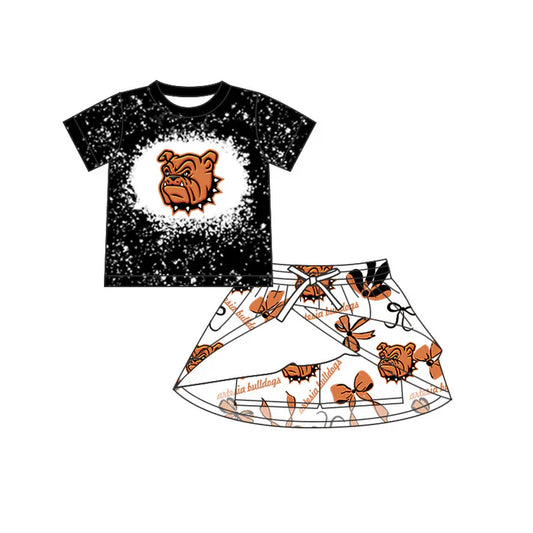 moq 5 preorder Baby Girls Black Short Sleeves Bulldogs Top Bows Plaid Short Skirts Team Set 7.25