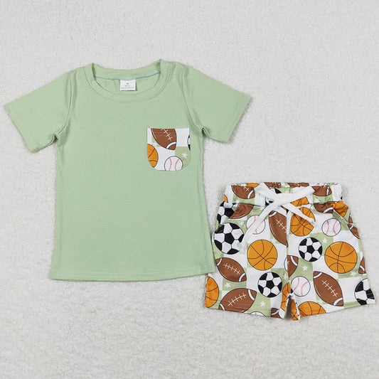 Baby Boys Clothes Green Pocket Short Sleeve Shirt Sports Balls Shorts Sets BSSO0694