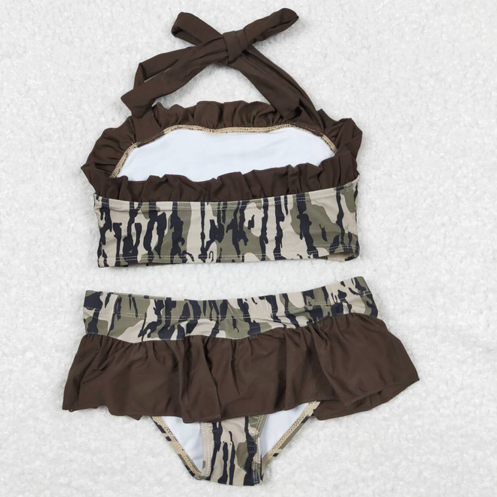 Baby Girls Swimsuits Summer Brown Camo Bunches 2pcs Ruffle Swimsuits S0193