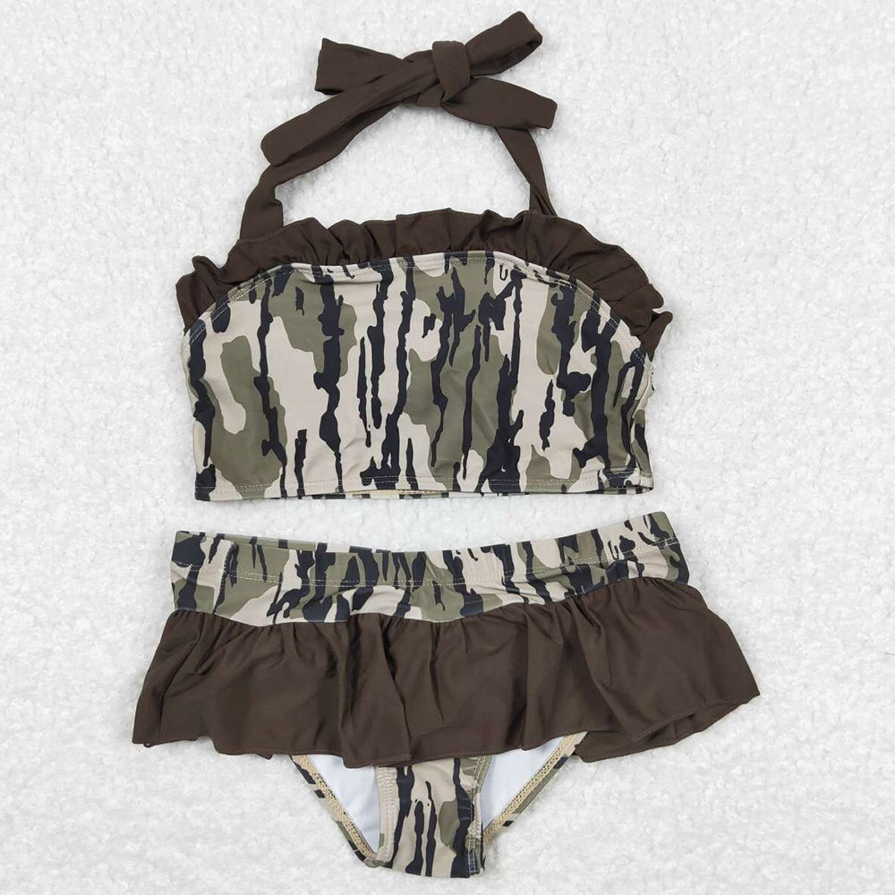 Baby Girls Swimsuits Summer Brown Camo Bunches 2pcs Ruffle Swimsuits S0193