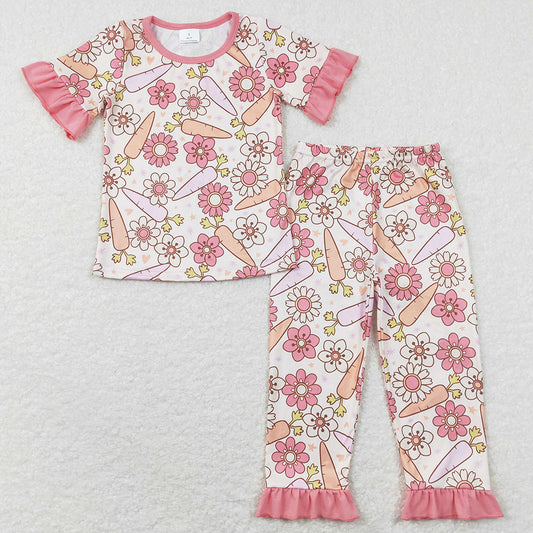 Baby Girls Pajamas Easter Carrot Flowers Short Sleeve Top Pants Pajamas Sets GSPO1017