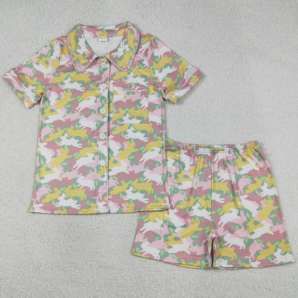 Adult Women Pajamas Rabbits Camo Button Pocket Top Shorts Easter Pajamas Set GSSO2973 1.5