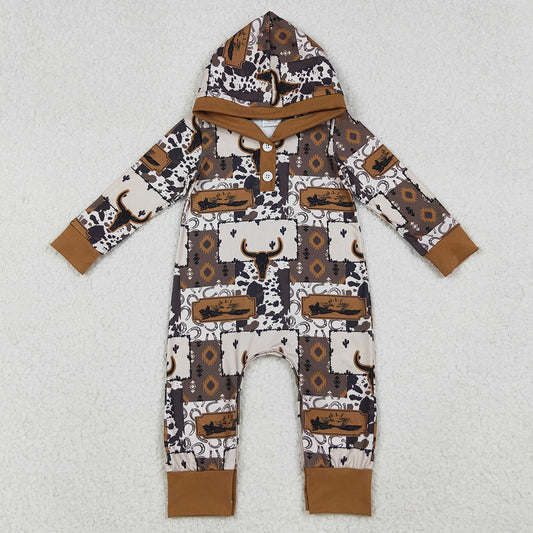 Baby Boys Rompers Brown Aztec Bull Skulls Western Hoodie Footie Rompers LR2592 10.2