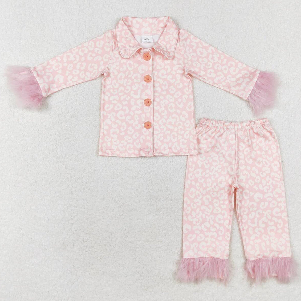 Baby Girls Pajamas Pink Leopard Buttons Top Pants Fur Pajamas Sets GLP1258