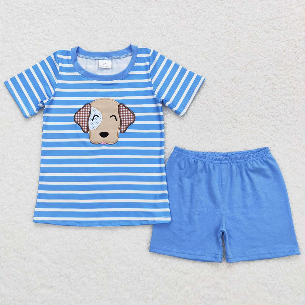 Baby Boys Clothes Blue Stripes Dog Tee Shirts Tops Shorts Clothes Sets BSSO0746