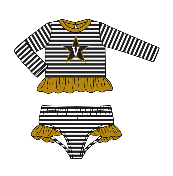 Preorder (moq 5)Baby Girls Black Stripe Stars V Ruffle Top Bummies Team 2 Piece Swimsuits 12.24