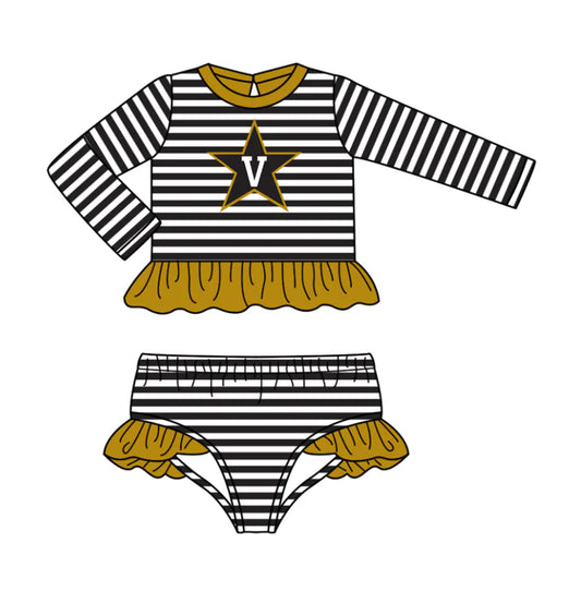 Preorder (moq 5)Baby Girls Black Stripe Stars V Ruffle Top Bummies Team 2 Piece Swimsuits 12.24