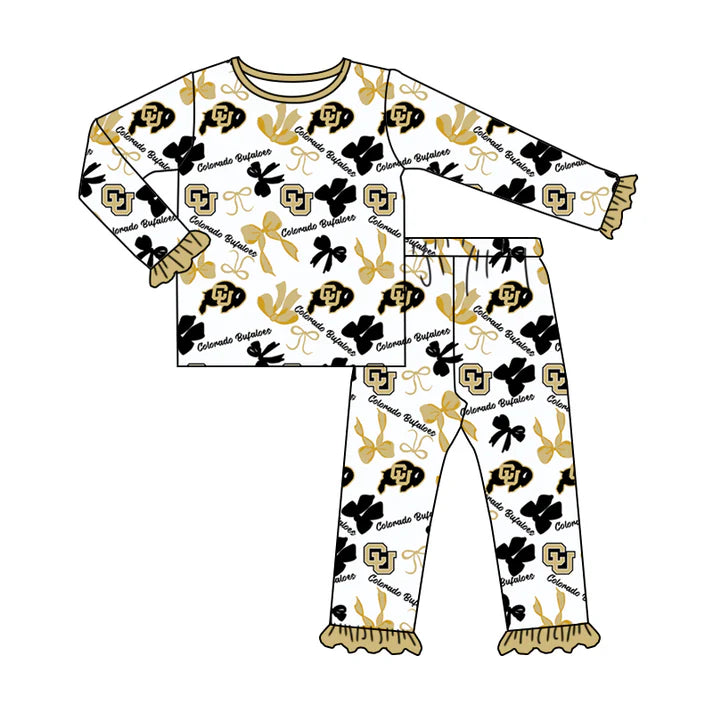 Preorder MOQ 5 Long sleeves C U black bows kids girls team pajamas 8.21