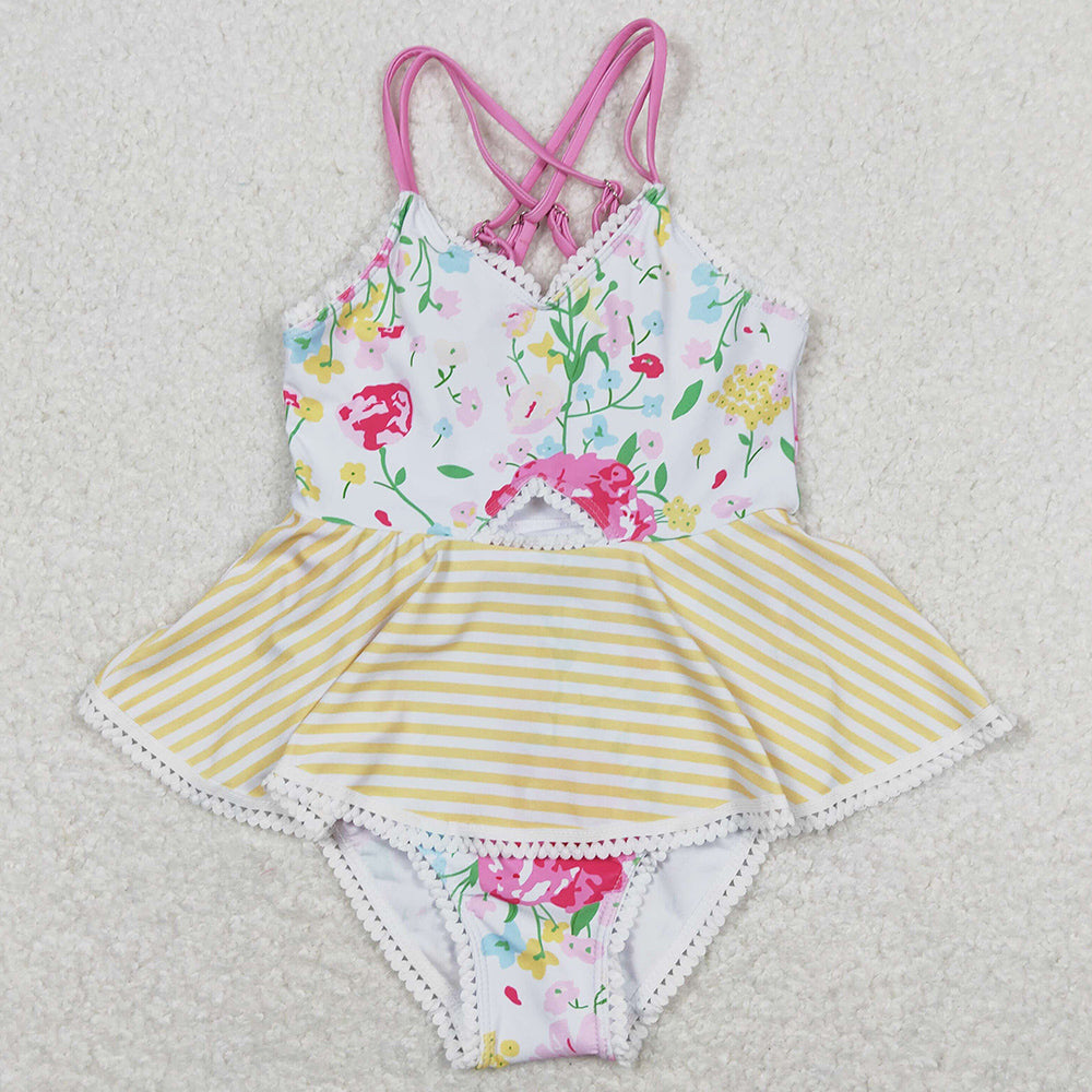 Baby Girls Swimsuits Flowers Yellow Stripes Ruffle One Piece Swimsuits S0250