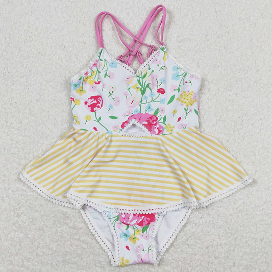 Baby Girls Swimsuits Flowers Yellow Stripes Ruffle One Piece Swimsuits S0250