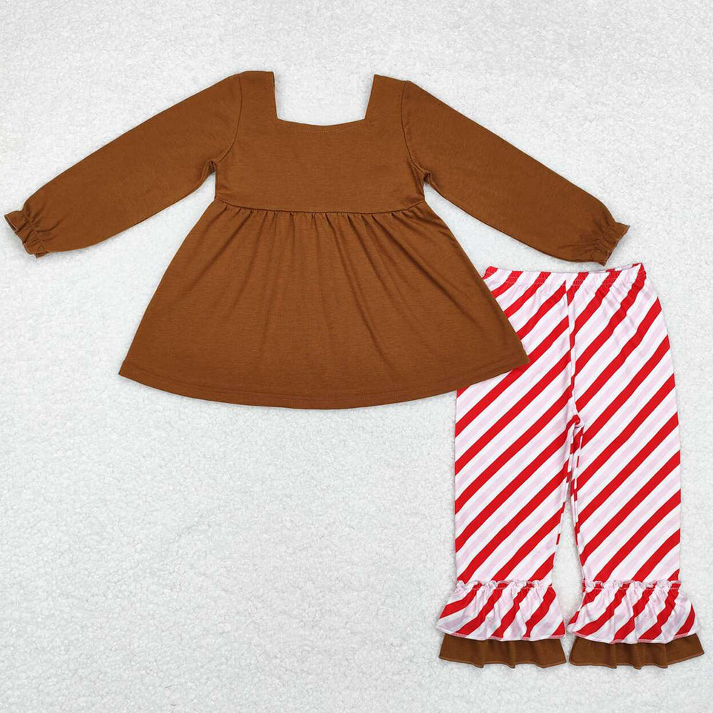 Baby Girls Clothes Brown Gingerbread Bow Tunic Tops Ruffle Pants Sets GLP1682