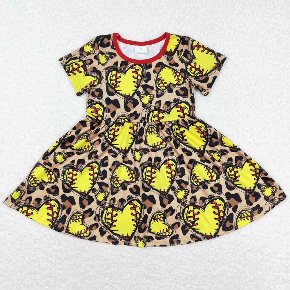 Baby Girls Dress Love Softball Short Sleeve Leopard Knee Length Dresses GSD0547