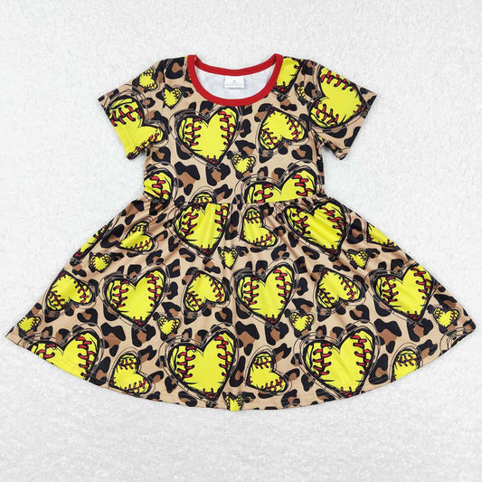 Baby Girls Dress Love Softball Short Sleeve Leopard Knee Length Dresses GSD0547