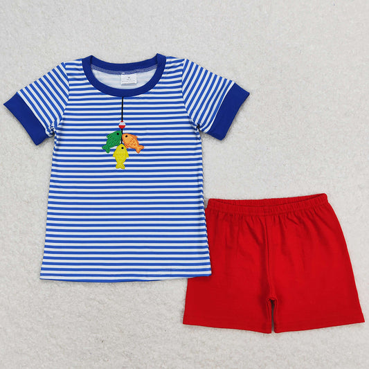 Baby Boys Clothes Fishing Blue Stripes Shirts Shorts Summer Sets BSSO0588