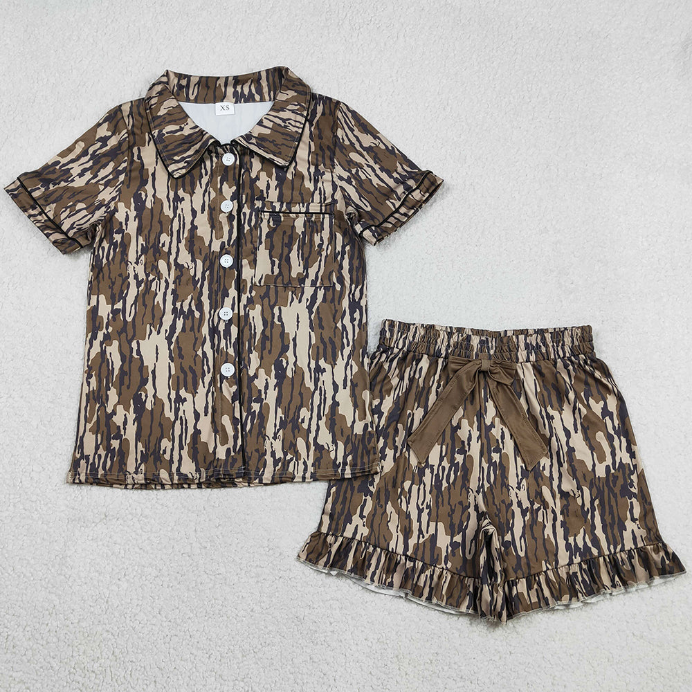 Adult Women Pajamas Southern Olive Camo Button Pocket Top Ruffle Shorts Pajamas Set GSSO3136