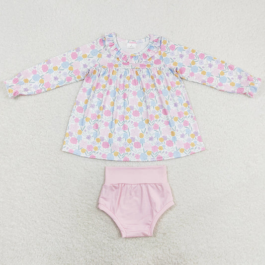 Baby Girls Clothes Pink Flowers Long Sleeve Top Bummie Sets GBO0391