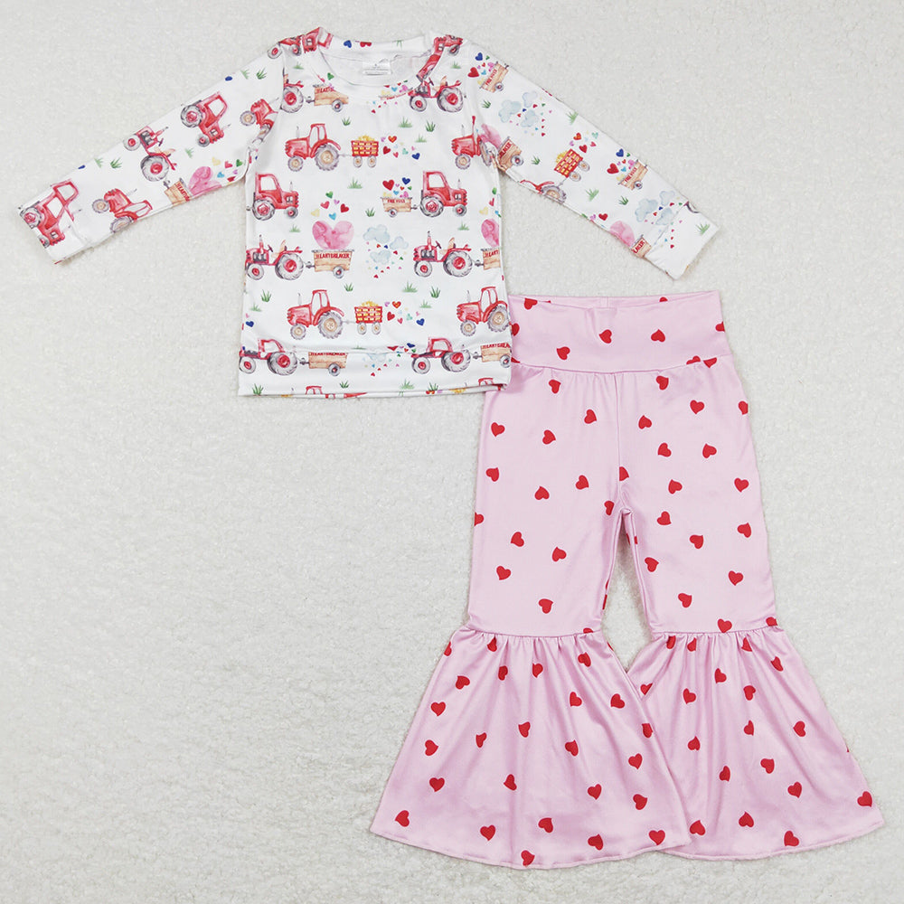 Baby Girls Clothes Farm Tractor Long Sleeve Top Pink Hearts Bell Pants Sets GLP1115