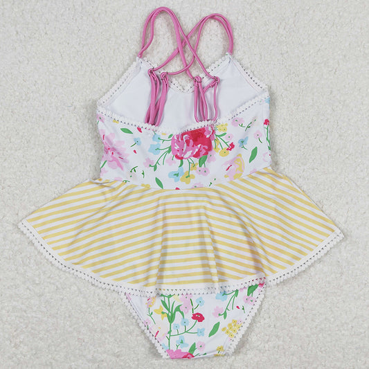 Baby Girls Swimsuits Flowers Yellow Stripes Ruffle One Piece Swimsuits S0250