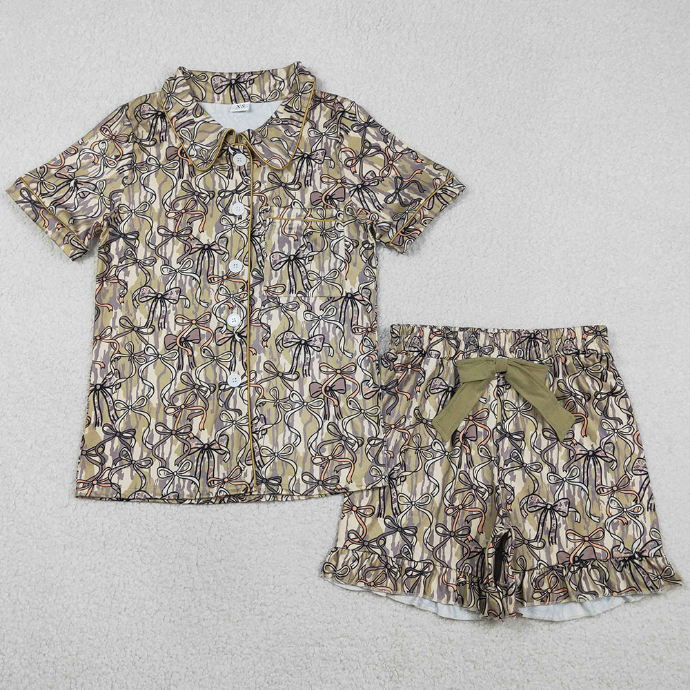Adult Women Pajamas Southern Olive Camo Bows Button Pocket Top Ruffle Shorts Pajamas Set GSSO3166