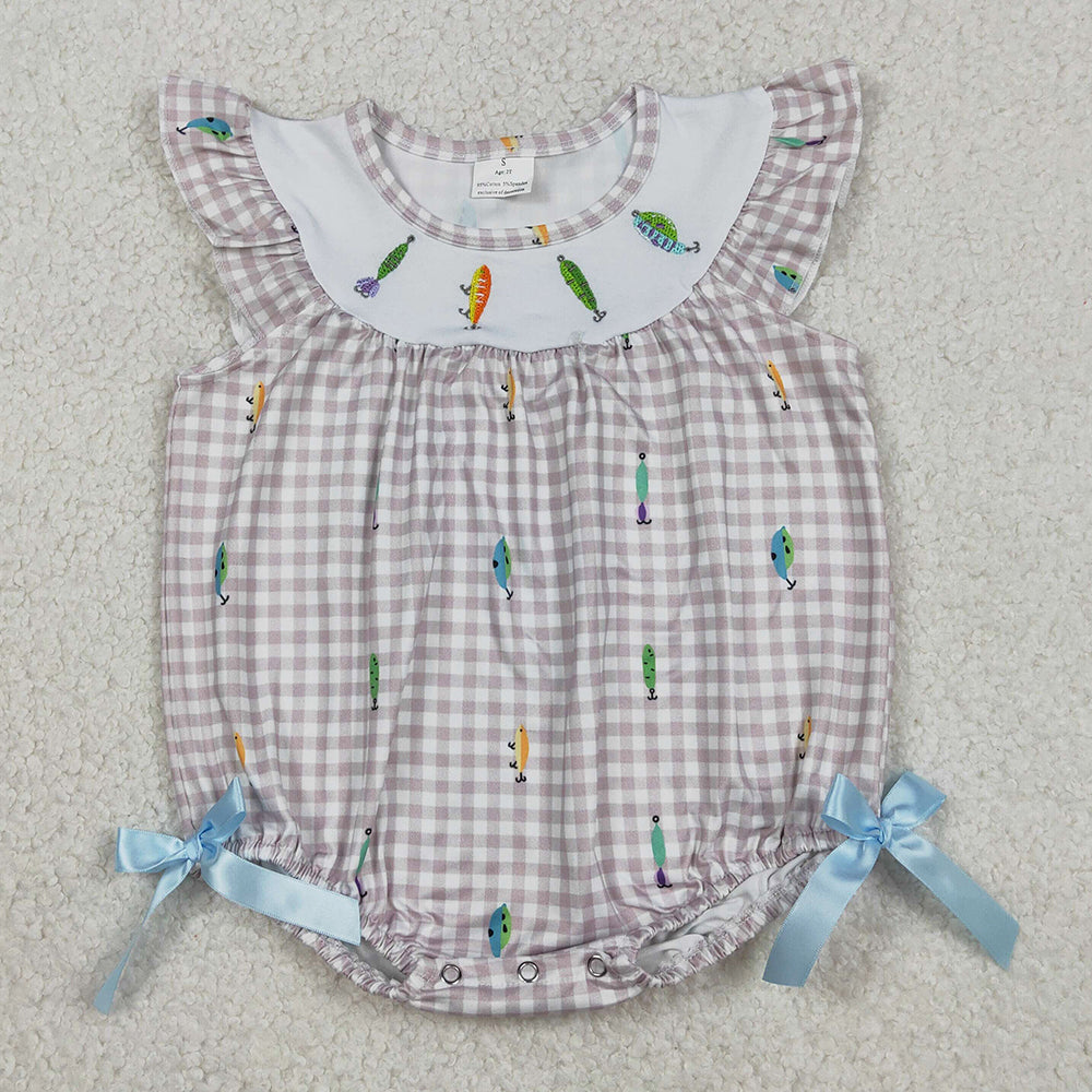 Baby Girls Embroidery Fishing Flutter Sleeve Checked Hunting Rompers SR3395 12.25