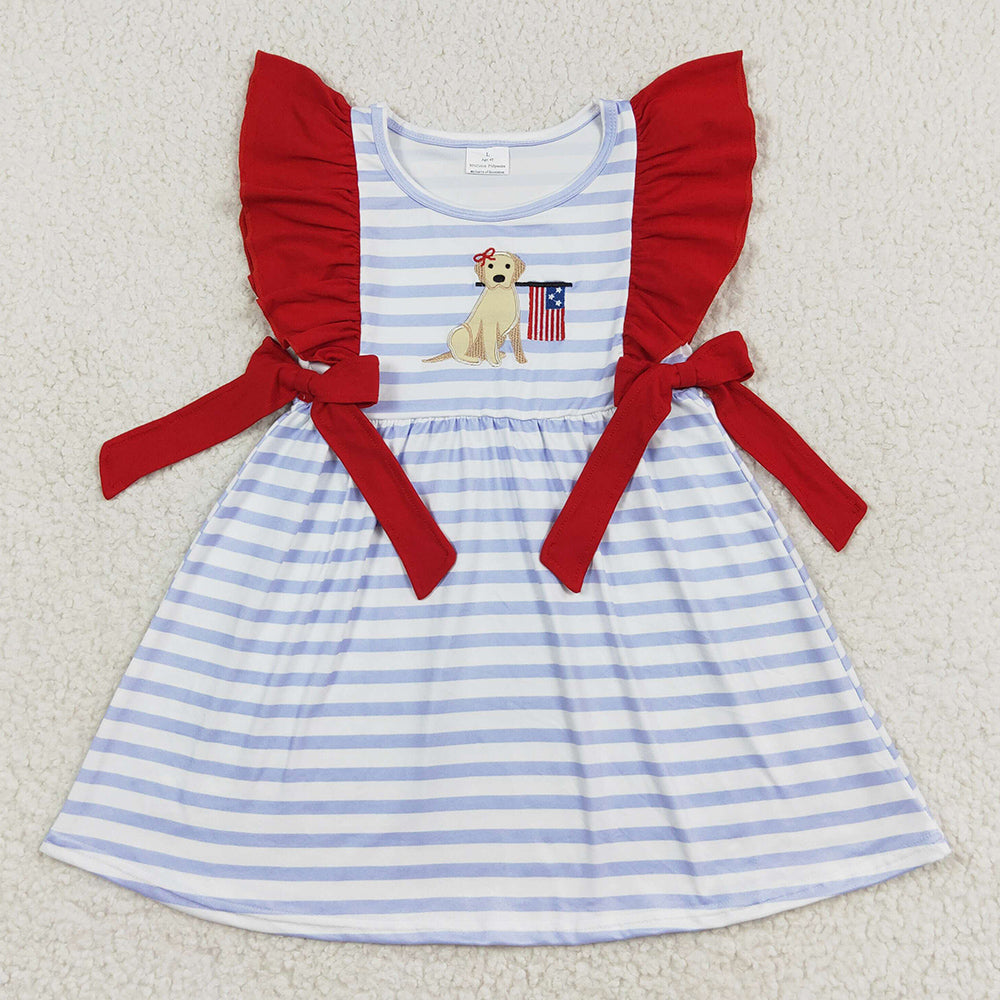 Baby Girls Dress 4th Of July Dog Flag Embroidery Stripes Bows Knee Length Dresses GSD0845