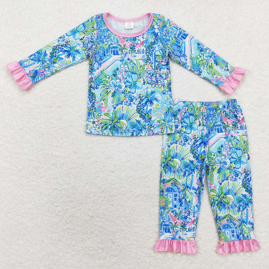 Baby Girls Pajamas Blue Flowers House Top Pants Pajamas Sets GLP1481