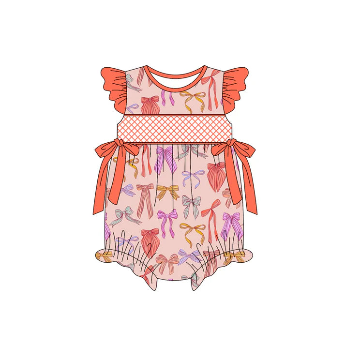 Preorder(moq 5)Baby Infant Girls Orange Flutter Sleeves Colorful Bows Ruffle Rompers 5.15
